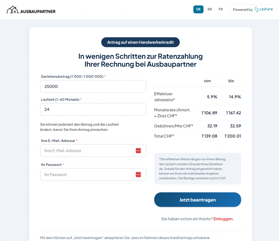 Beispiel einer Partner-Landingpage für einen Handwerkerkredit: Firmenlogo, Eingabefeld für den Darlehensbetrag, Laufzeit und die Monatsrate