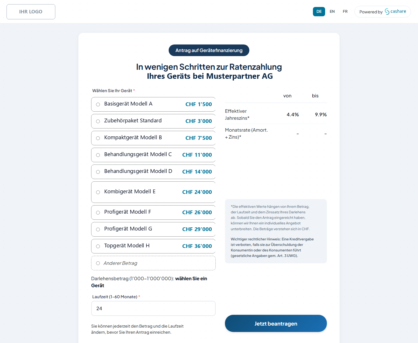 Beispiel einer Partner-Landingpage mit Logo, Gerätekatalog und Zinsangabe